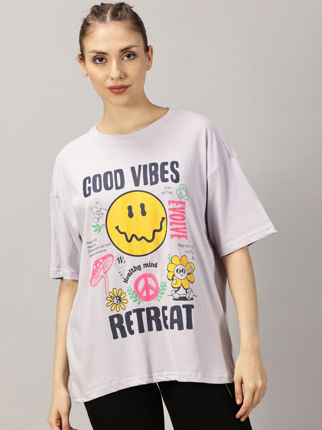 

THE HOLLANDER Women Graphic Printed Round Neck Cotton Oversized T-Shirt, Purple