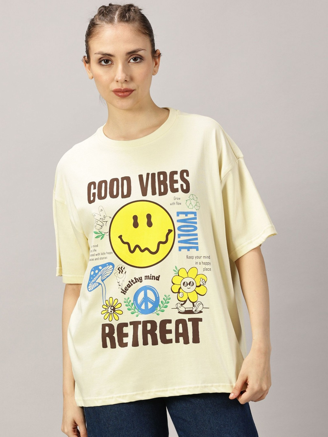 

THE HOLLANDER Women Graphic Printed Round Neck Cotton Oversized T-Shirt, Beige