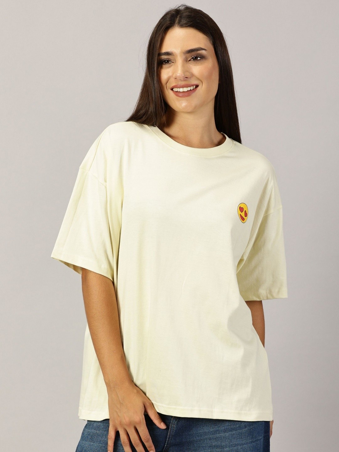 

THE HOLLANDER Women Typography Printed Round Neck Cotton Oversized T-Shirt, Yellow