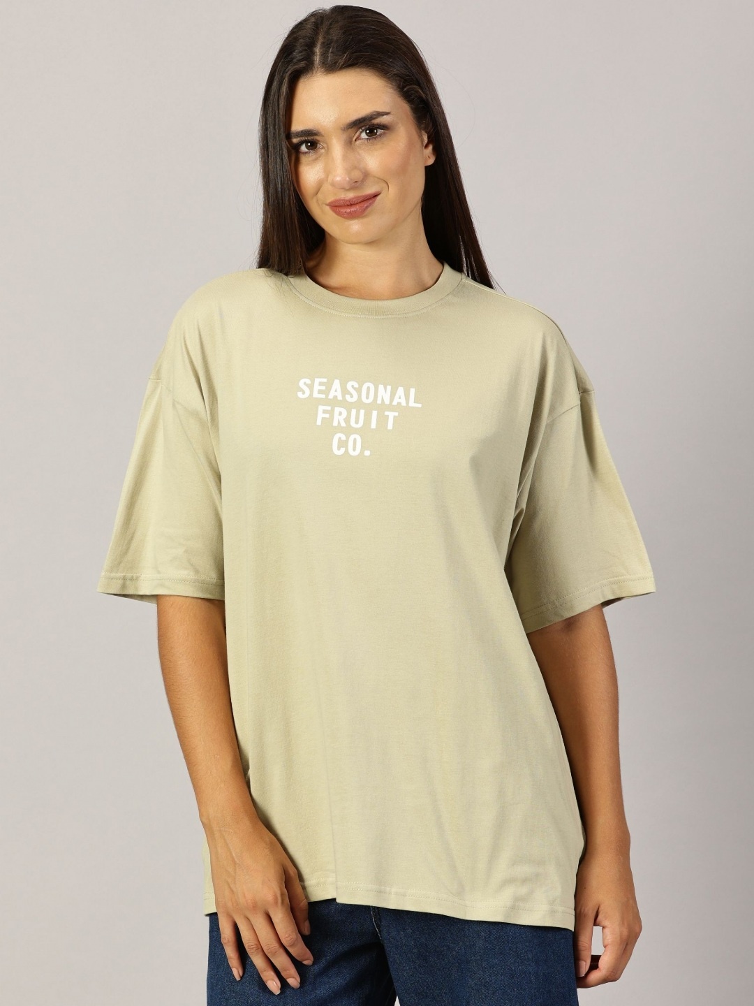 

THE HOLLANDER Women Graphic Printed Round Neck Cotton Oversized T-Shirt, Taupe