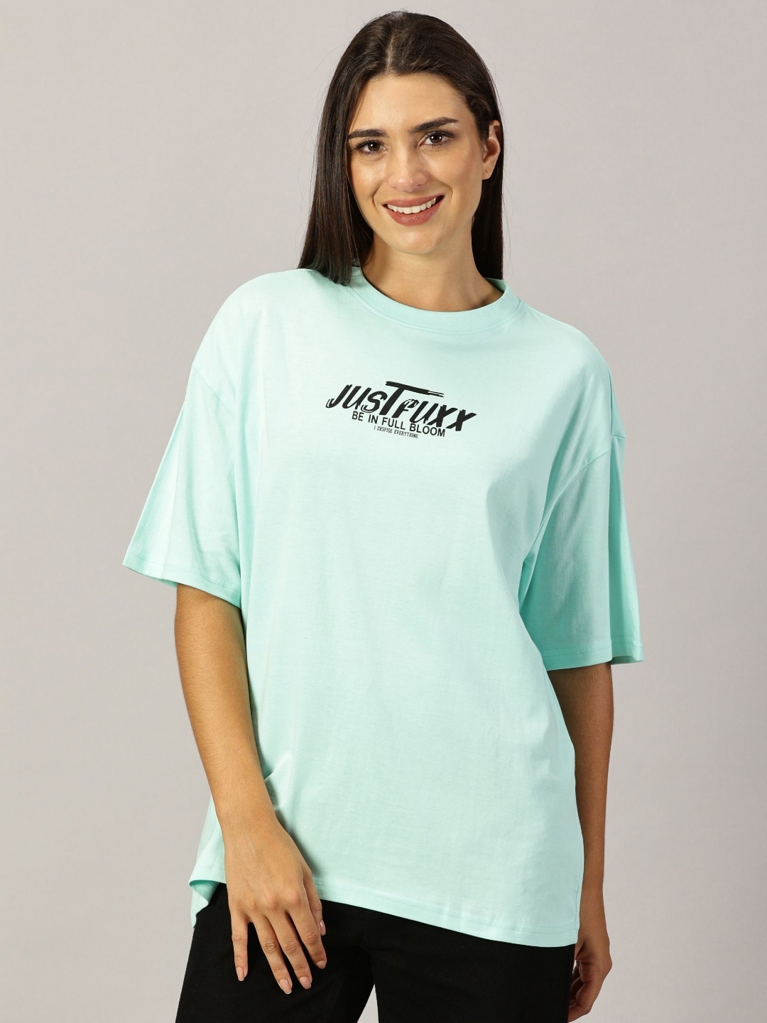 

THE HOLLANDER Women Graphic Printed Neck Cotton Oversized T-Shirt, Blue