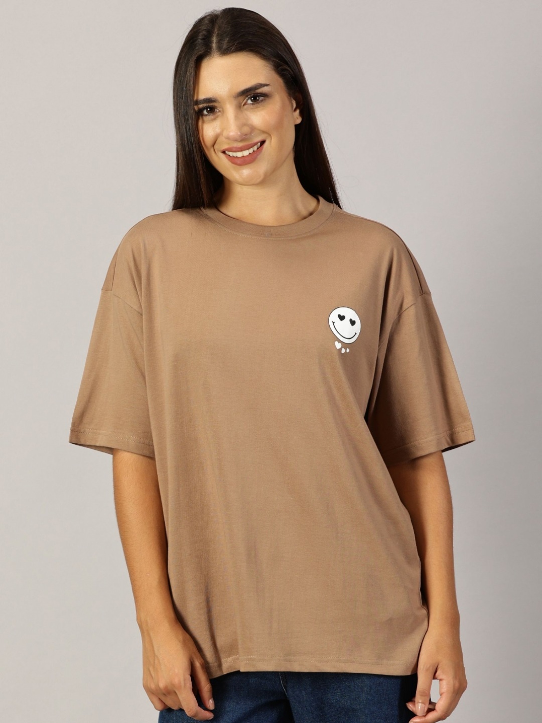 

THE HOLLANDER Women Typography Printed Round Neck Cotton Oversized T-Shirt, Brown