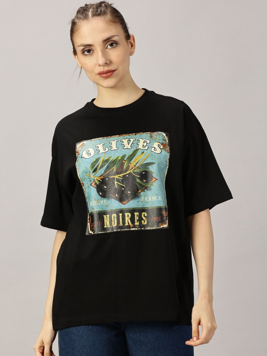 

THE HOLLANDER Women Graphic Printed Round Neck Cotton Oversized T-Shirt, Black