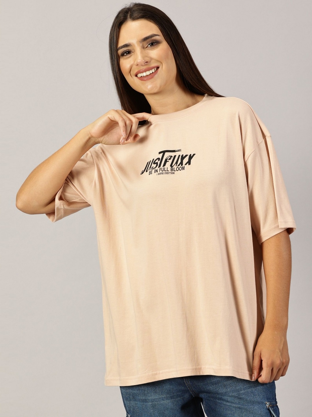 THE HOLLANDER Women Graphic Printed Neck Cotton Oversized T-Shirt, Orange