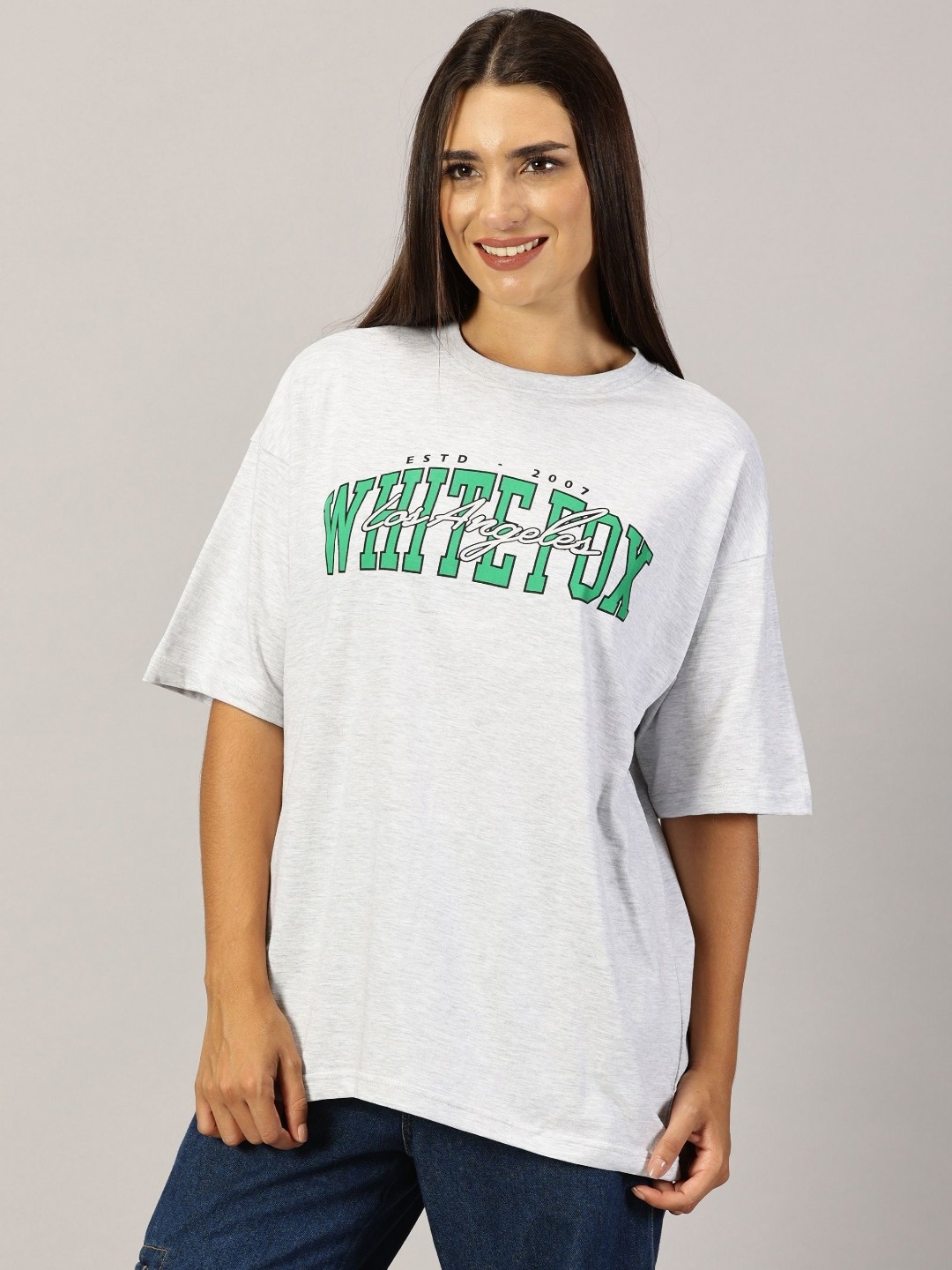 

THE HOLLANDER Women Typography Printed Round Neck Cotton Oversized T-Shirt, Grey