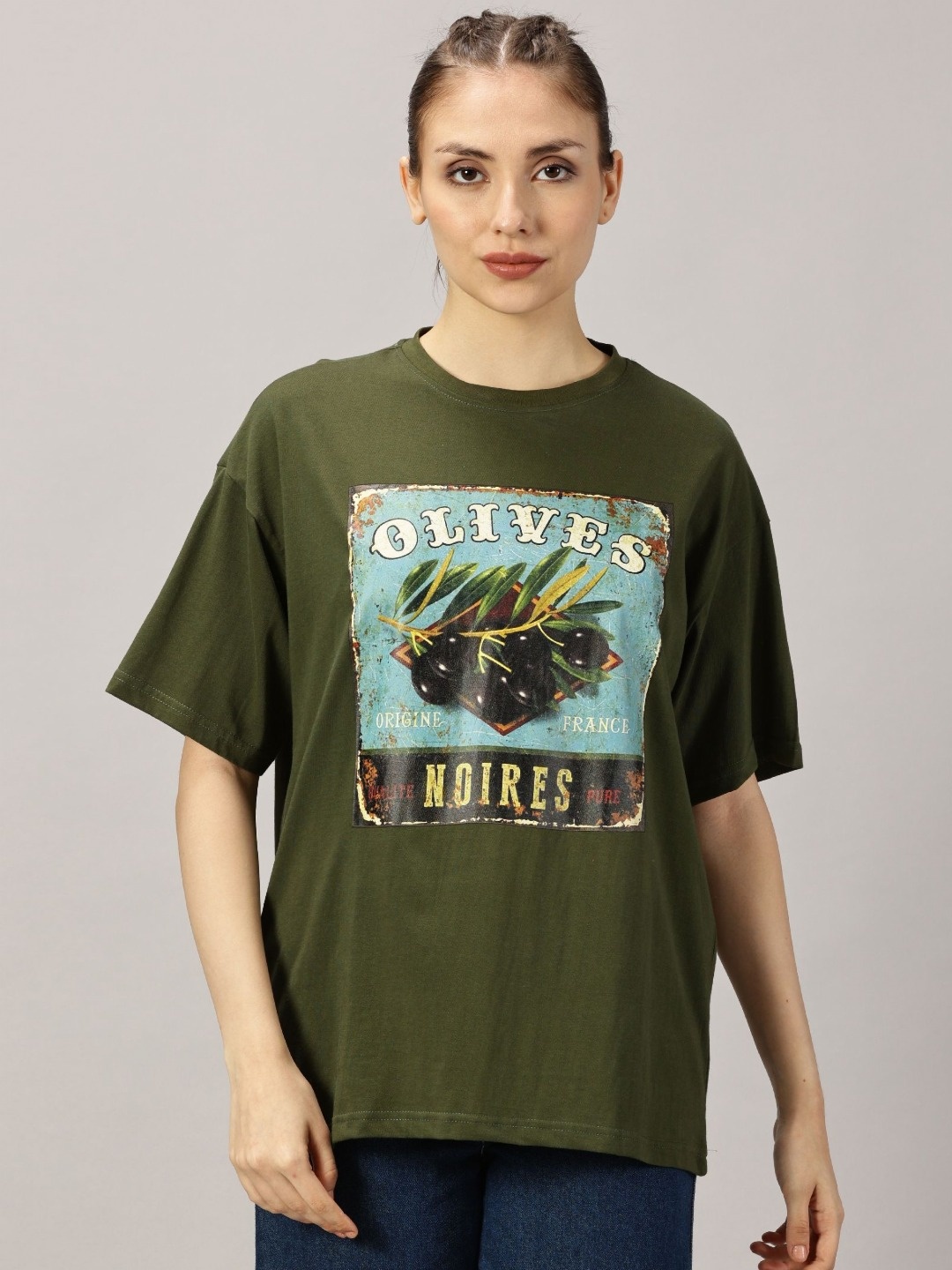 

THE HOLLANDER Women Graphic Printed Round Neck Cotton Oversized T-Shirt, Olive