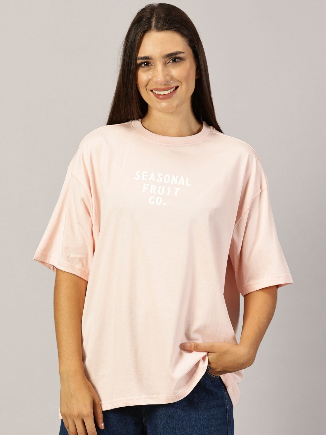 

THE HOLLANDER Women Graphic Printed Round Neck Cotton Oversized T-Shirt, Peach