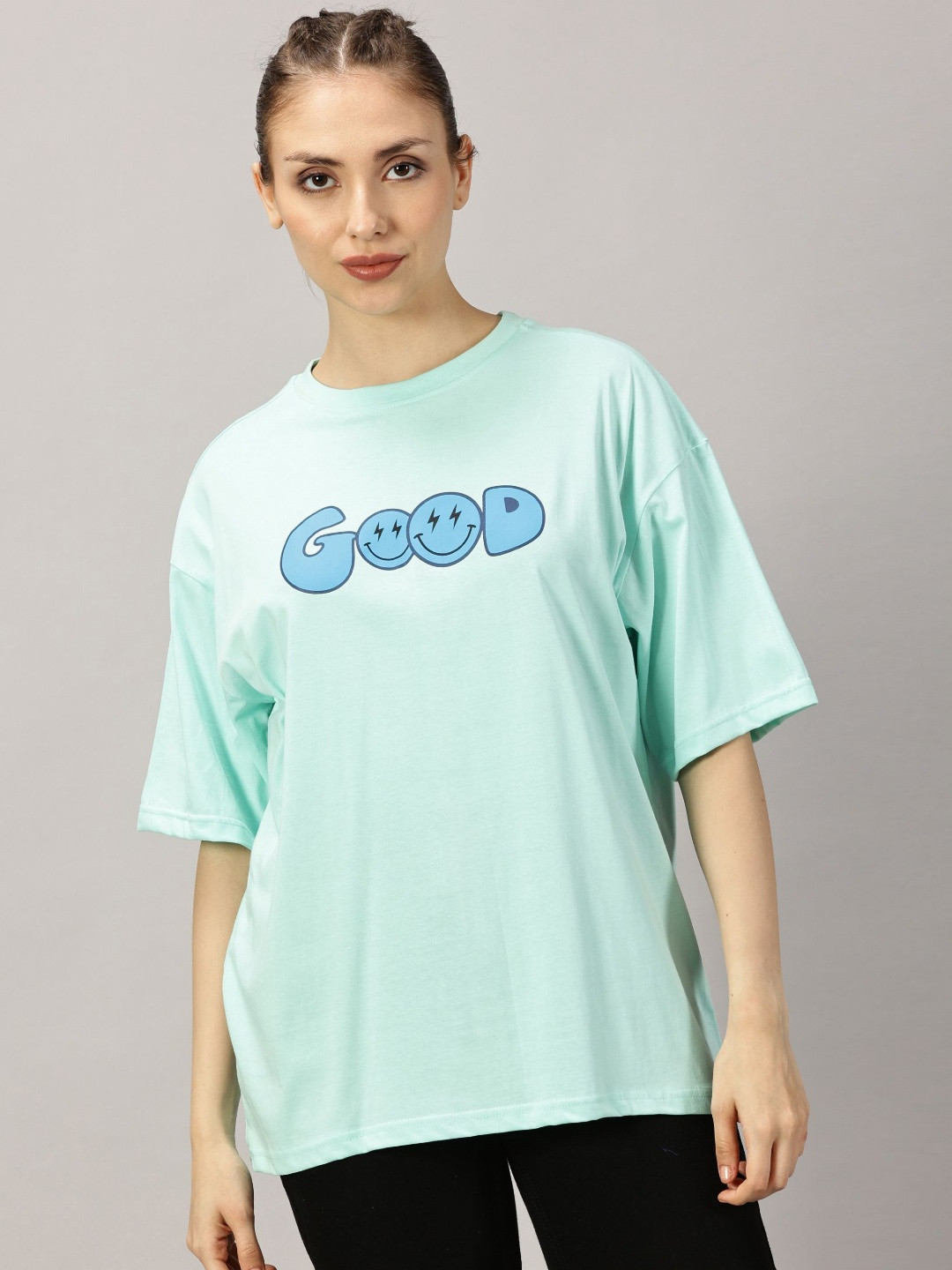 

THE HOLLANDER Women Typography Printed Round Neck Cotton Oversized T-Shirt, Blue