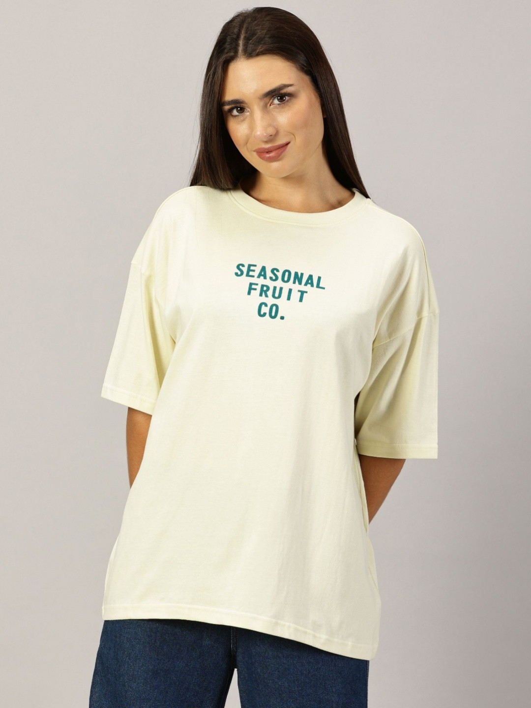 

THE HOLLANDER Women Graphic Printed Round Neck Cotton Oversized T-Shirt, Yellow