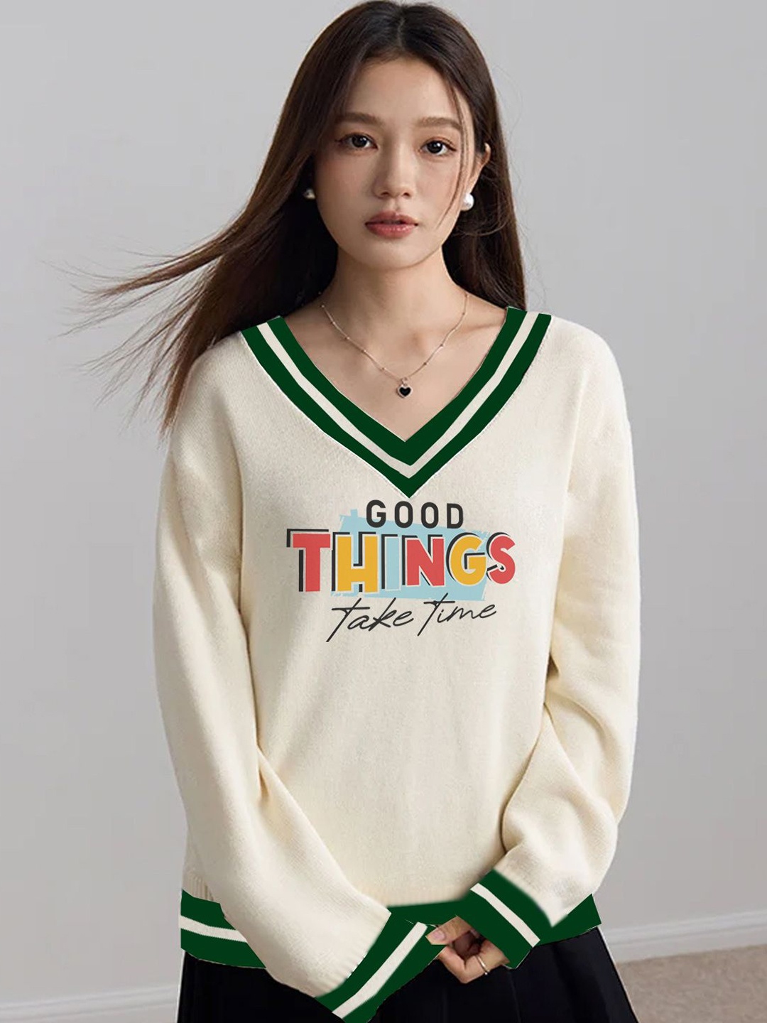 

CLAFOUTIS Women Printed V-Neck Polyester Oversized Tshirt, Cream