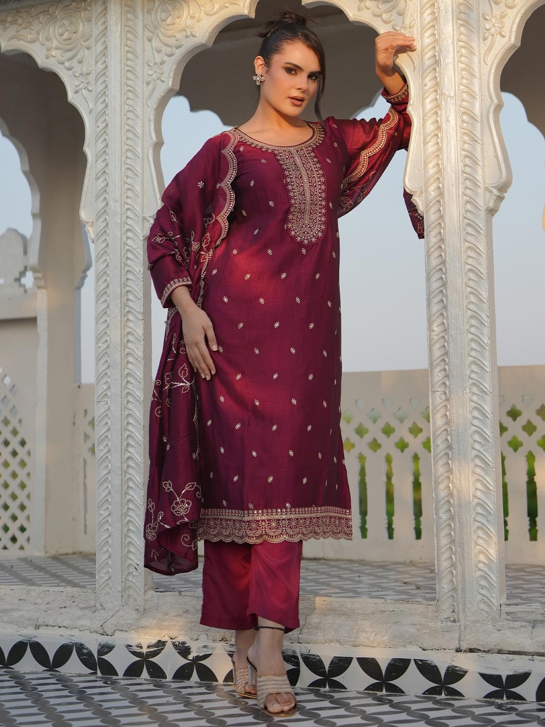 

Libas Ethnic Motifs Embroidered Thread Work Straight Kurta With Trousers & Dupatta, Maroon