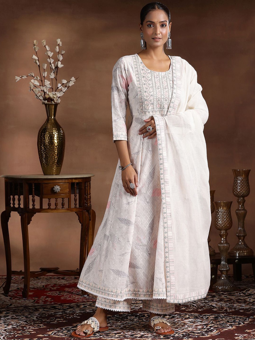 

Libas Floral Embroidered Mirror Work Pure Cotton A-Line Kurta With Trousers & With Dupatta, Off white