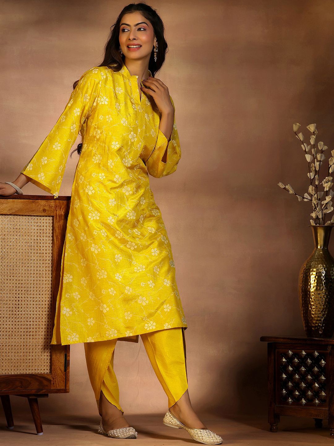 

Libas Women Floral Printed Mandarin Collar Mukaish Work Straight Kurta With Dhoti Pants, Mustard