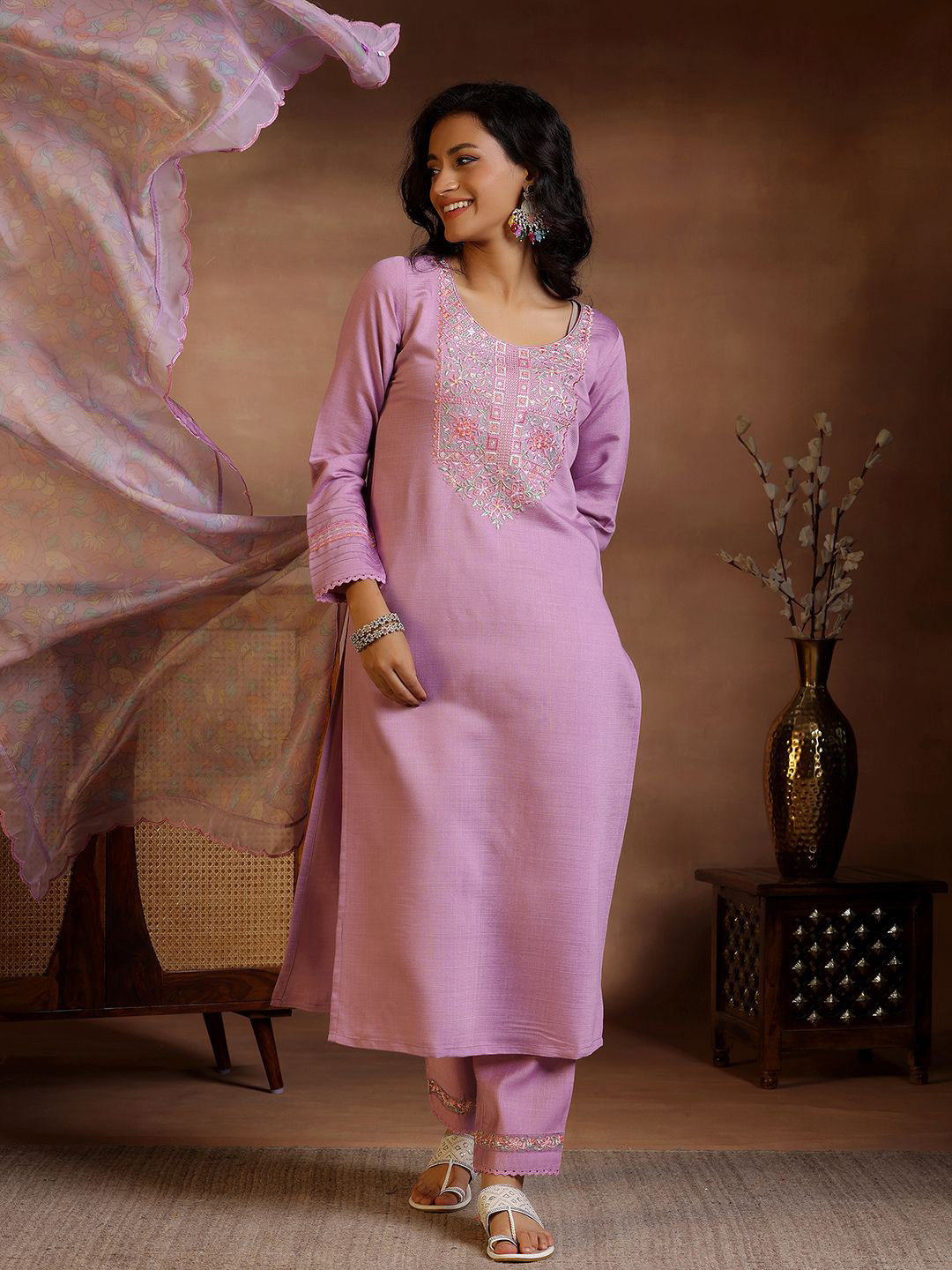 

Libas Ethnic Motifs Embroidered Thread Work Straight Kurta With Trousers & Dupatta, Lavender