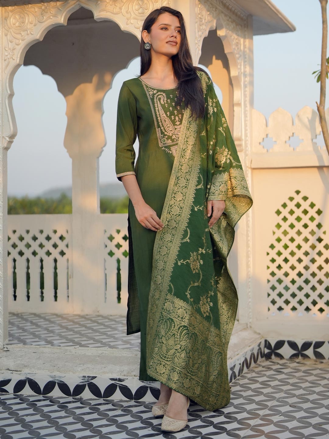 

Libas Paisley Yoke Design Zari Work Straight Kurta With Trousers & Dupatta, Olive