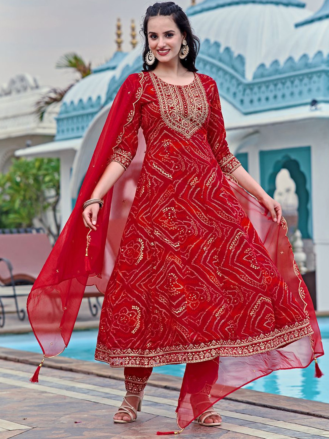 

KALINI Bandhani Printed Thread Work Anarkali Kurta with Trousers & Dupatta, Red