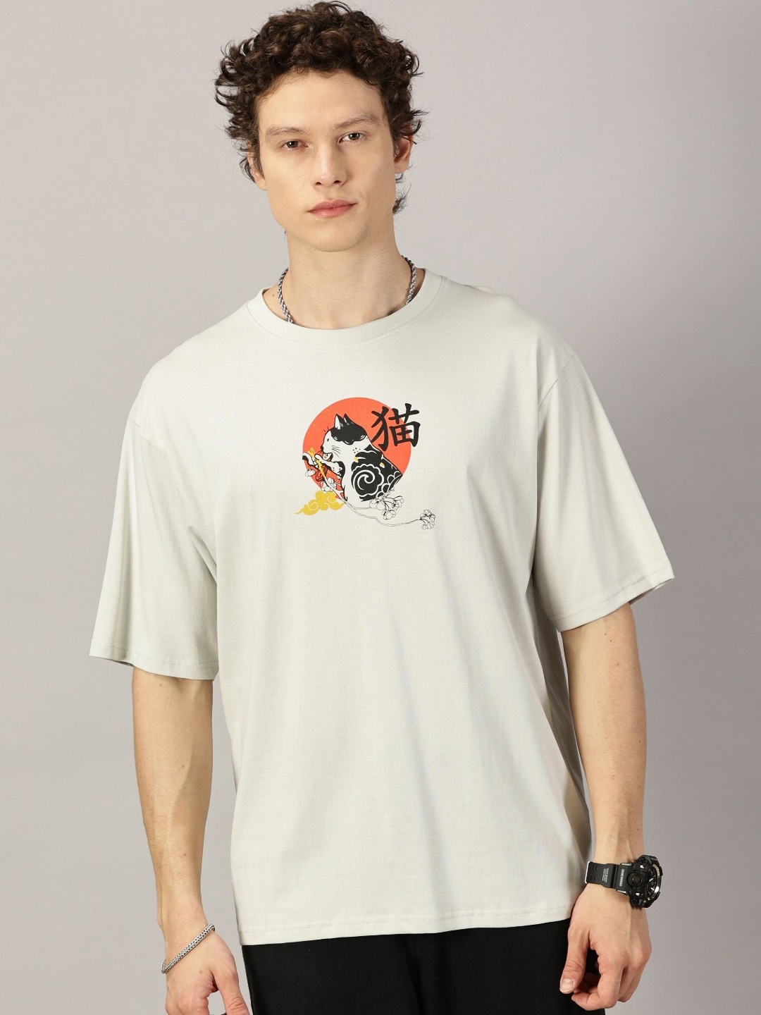 

THE HOLLANDER Men Graphic Printed Round Neck Cotton Oversized T-Shirt, Cream