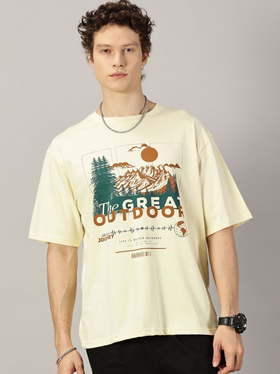 

THE HOLLANDER Men Graphic Printed Drop-Shoulder Sleeves Cotton Oversized T-shirt, Beige