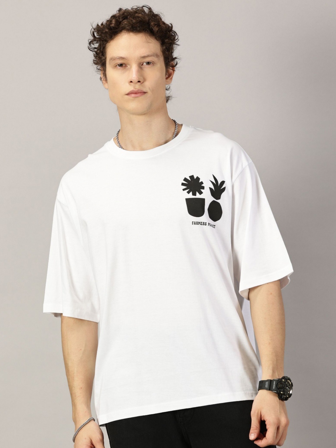 

THE HOLLANDER Men Graphic Printed Round Neck Cotton Oversized T-Shirt, White