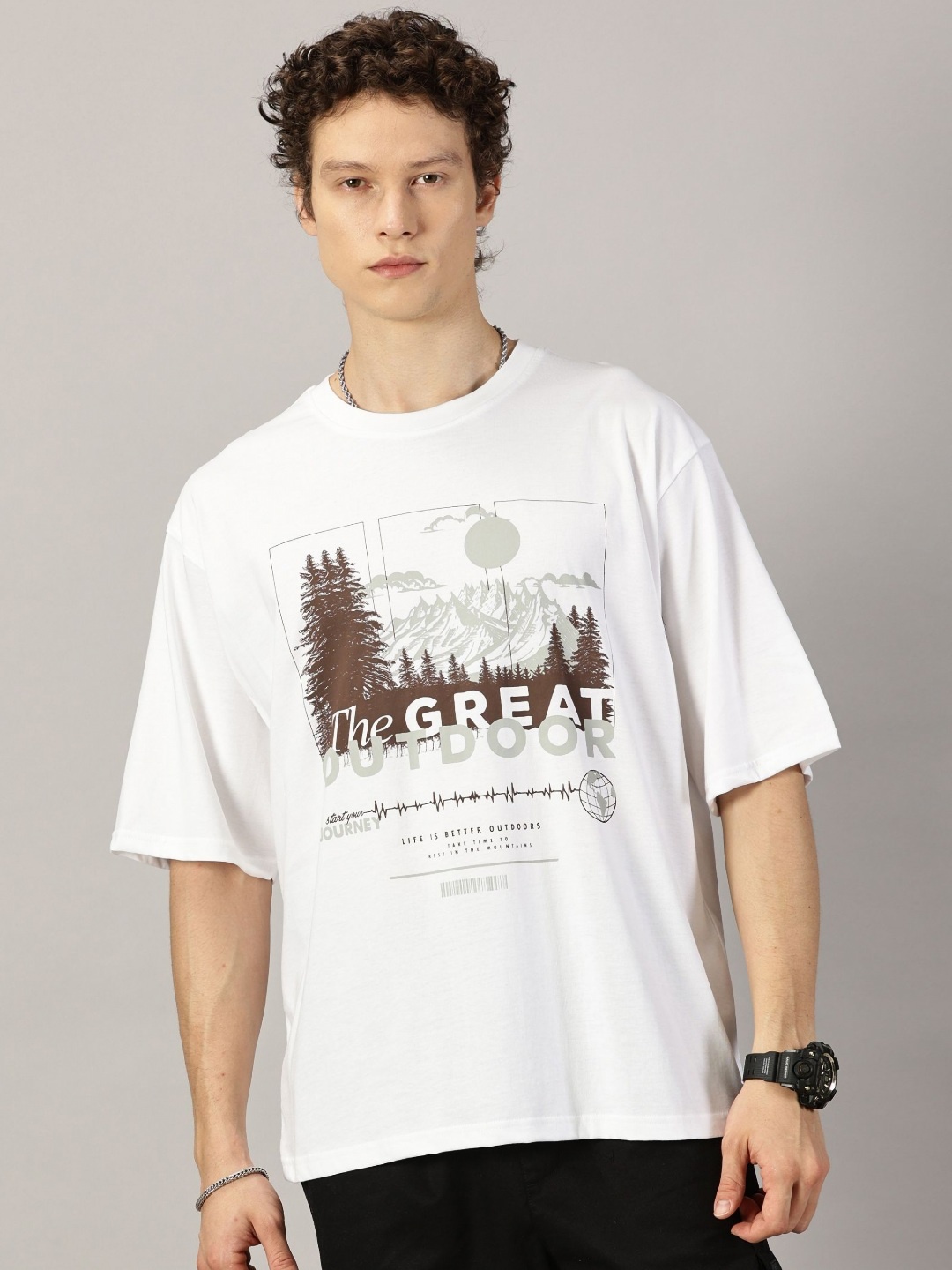 THE HOLLANDER Men Graphic Printed Round Neck Cotton Oversized T-Shirt, White
