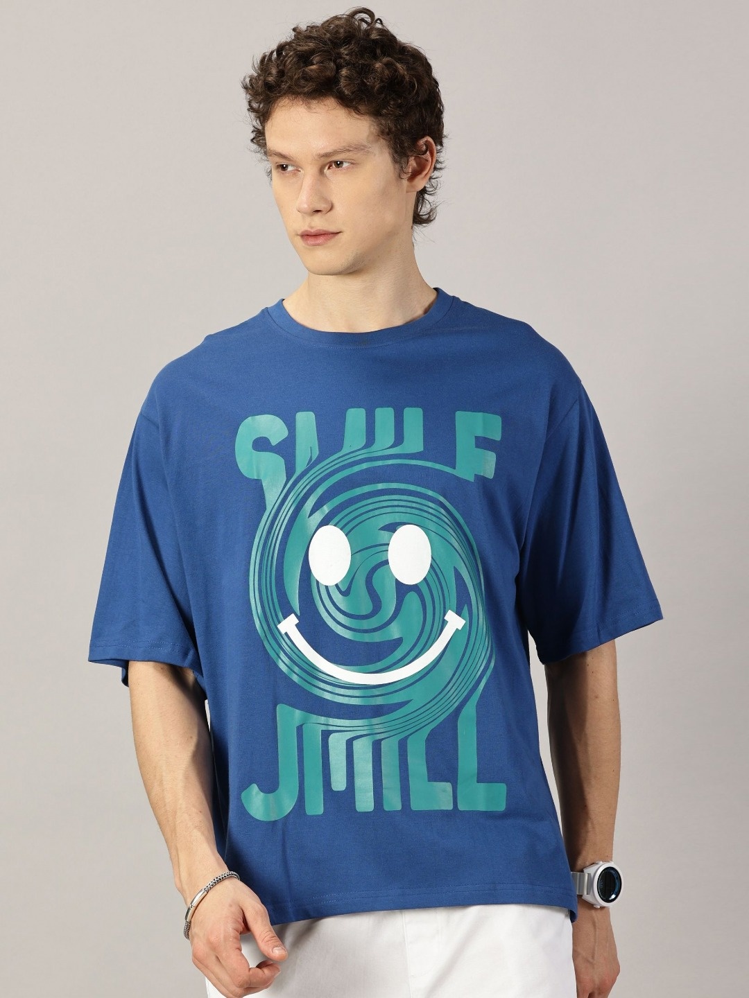 

THE HOLLANDER Men Graphic Printed Drop-Shoulder Sleeves Cotton Oversized T-Shirt, Teal
