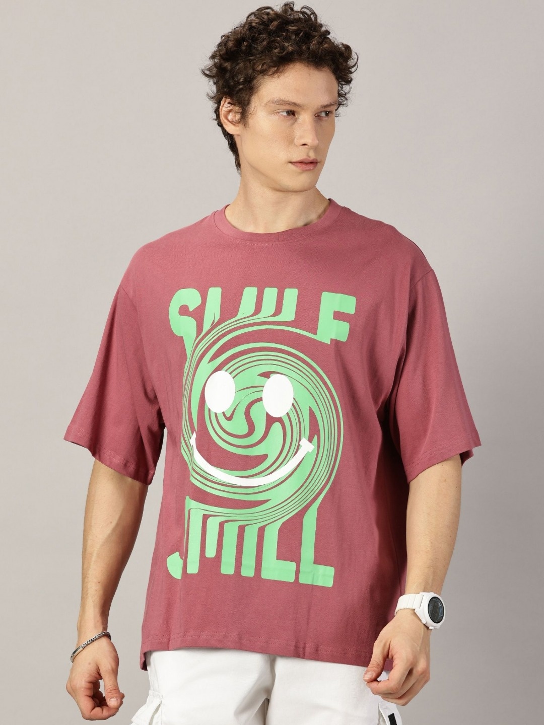 THE HOLLANDER Men Graphic Printed Round Neck Cotton Oversized T-Shirt, Mauve
