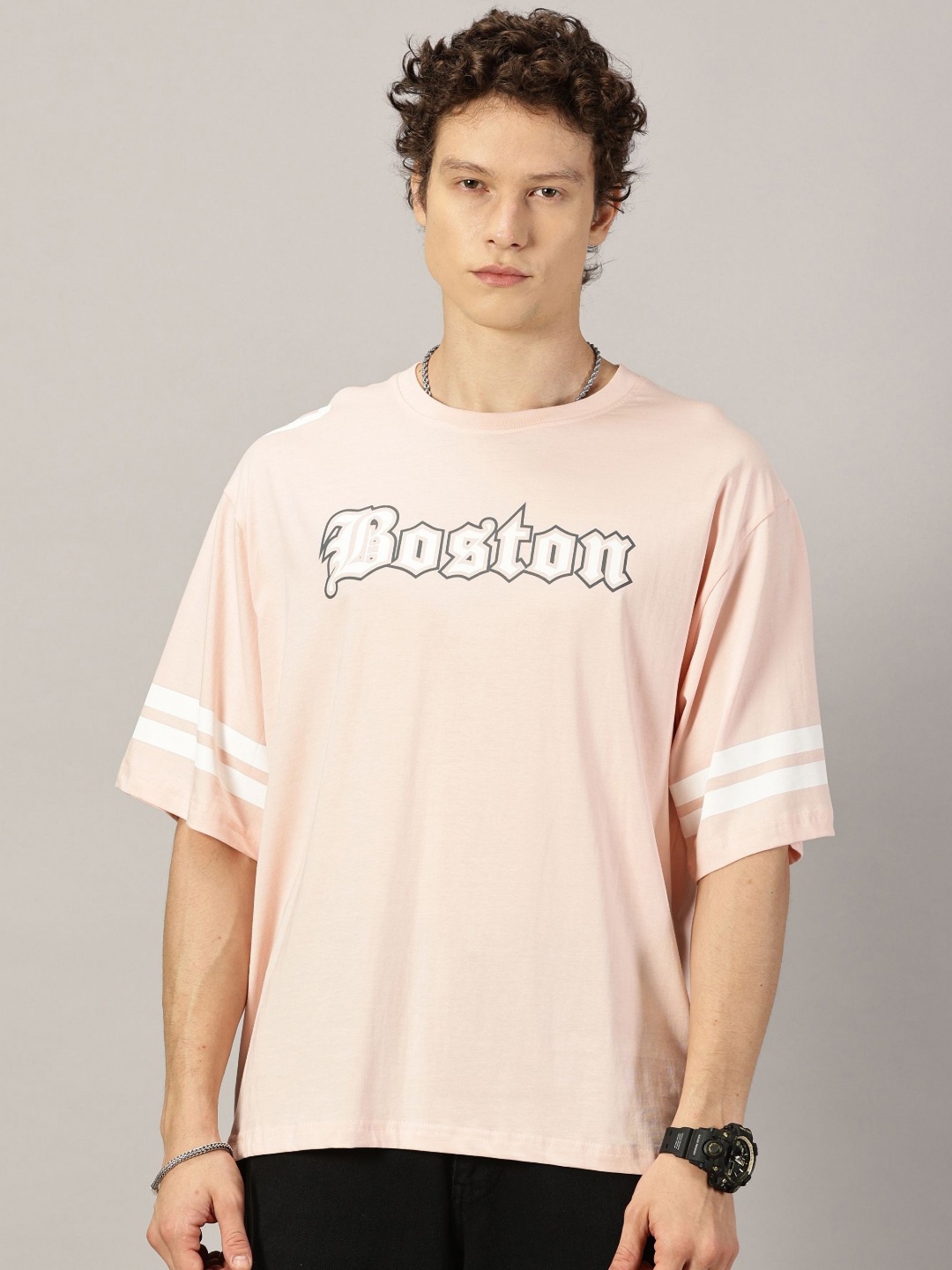 THE HOLLANDER Men Typography Printed Round Neck Cotton Oversized T-Shirt, Peach