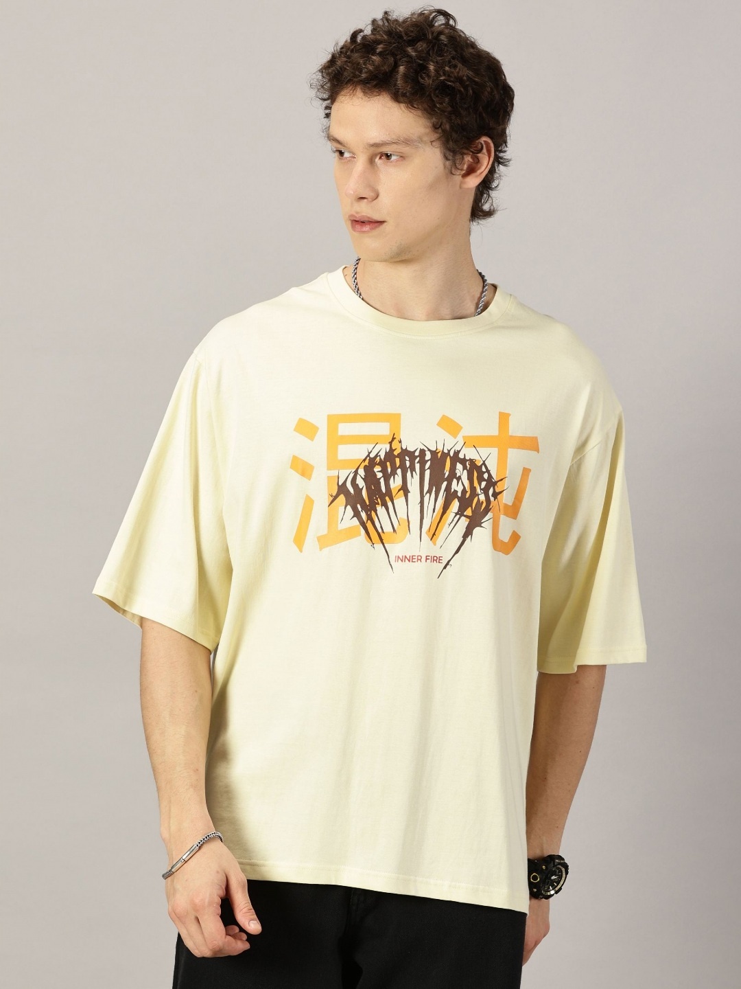 

THE HOLLANDER Men Typography Printed Round Neck Cotton Oversized T-Shirt, Beige