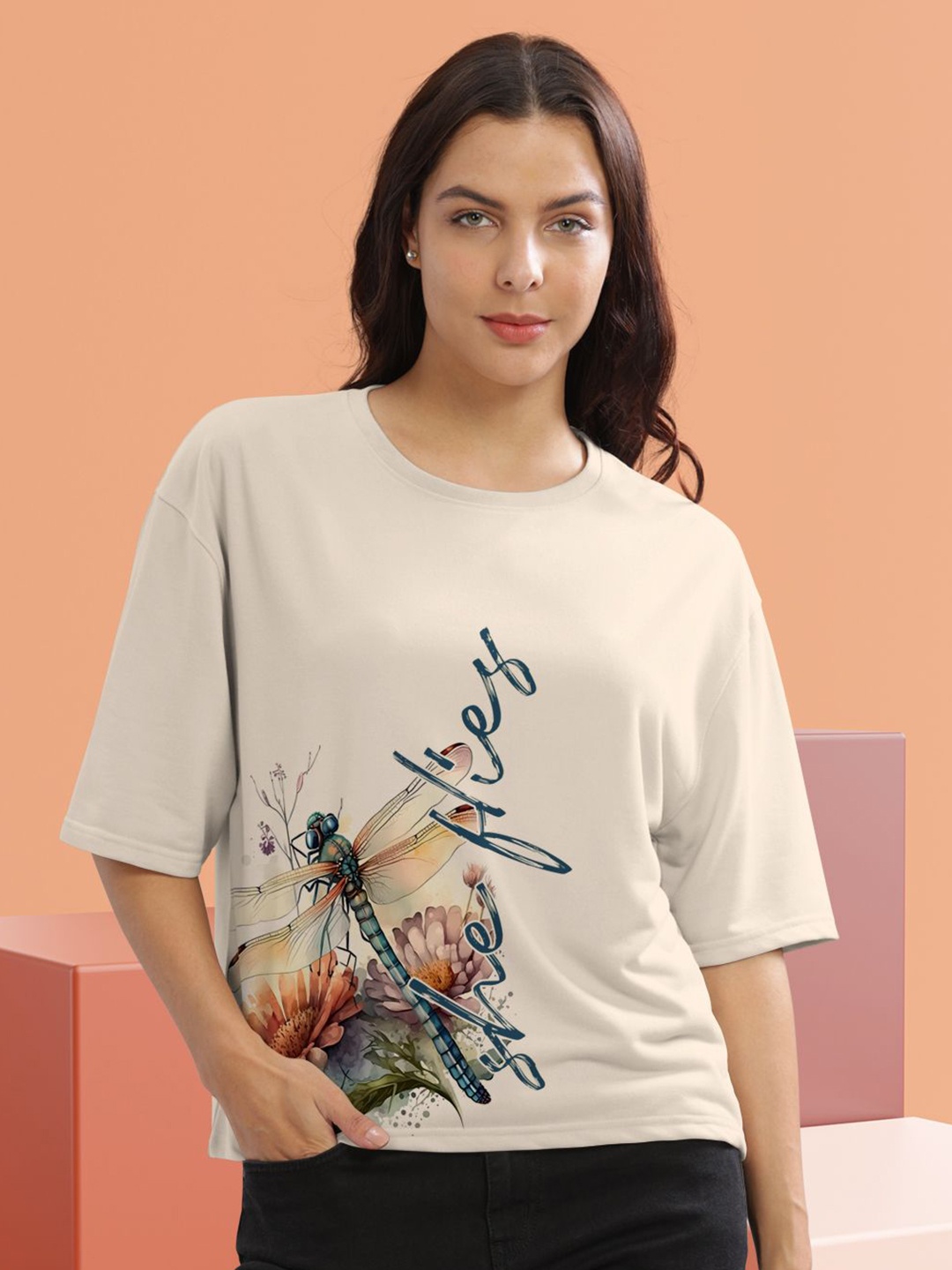 

HELLCAT Women Graphic Printed Round Neck Cotton Oversized T-Shirt, Beige