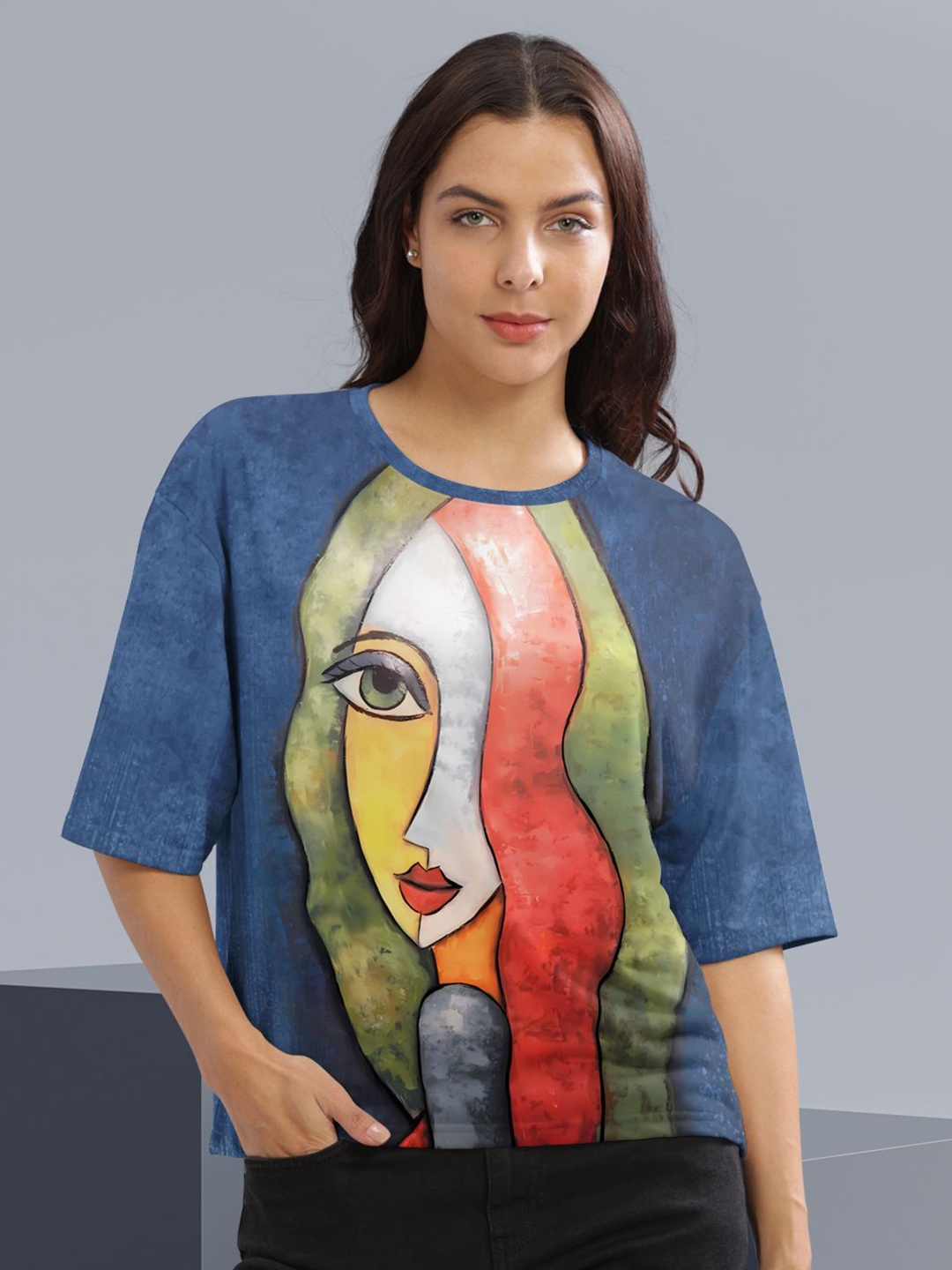 

HELLCAT Women Graphic Printed Round Neck Cotton Oversized T-Shirt, Blue
