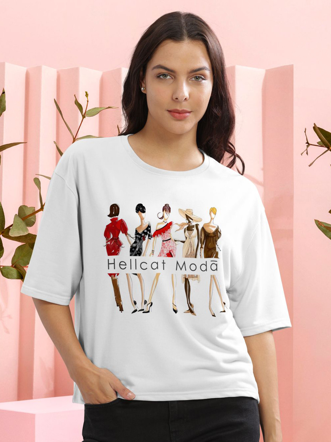 

HELLCAT Women Graphic Printed Round Neck Cotton Oversized T-Shirt, White