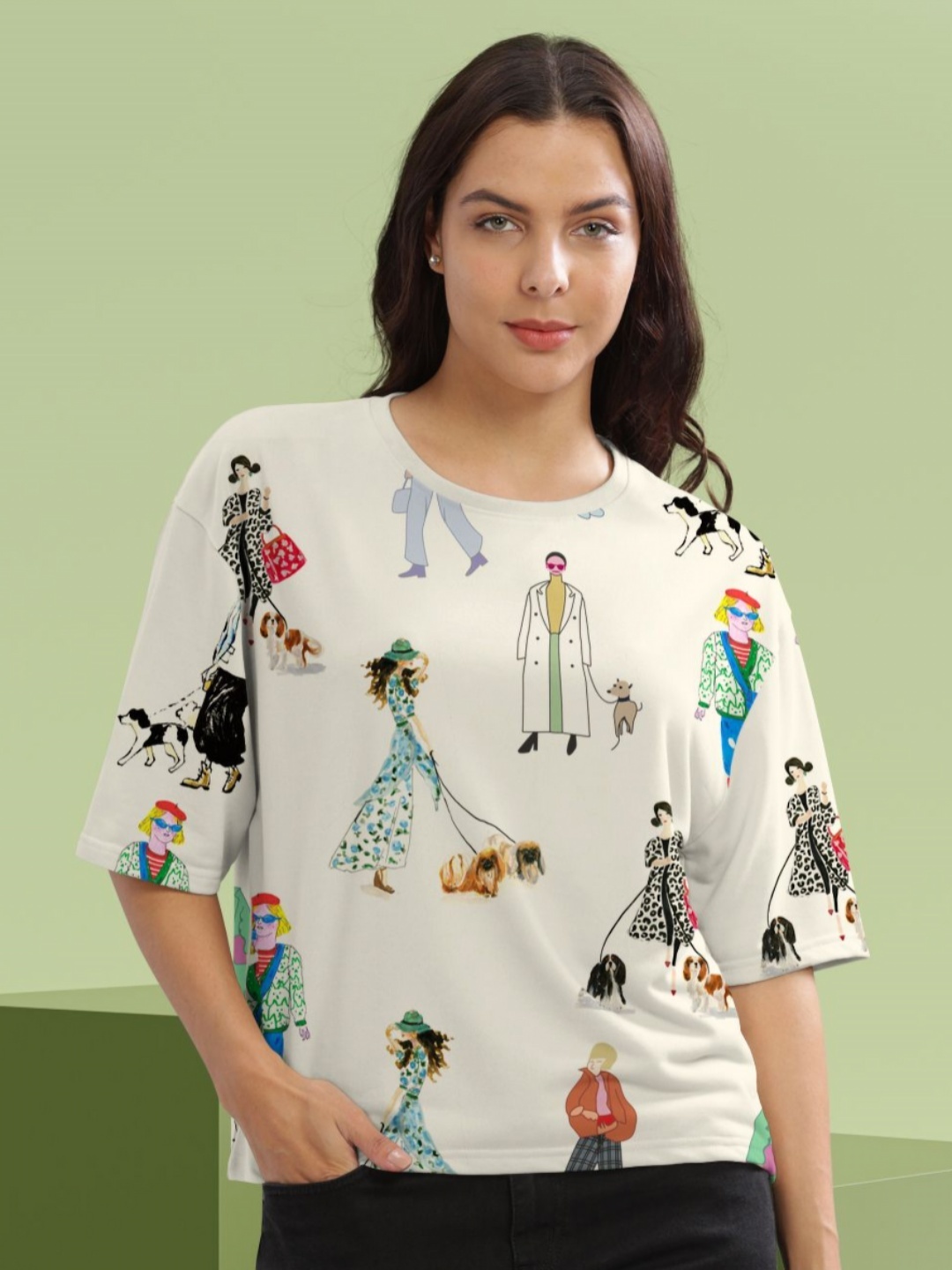 

HELLCAT Women Graphic Printed Round Neck Cotton Oversized T-Shirt, Cream