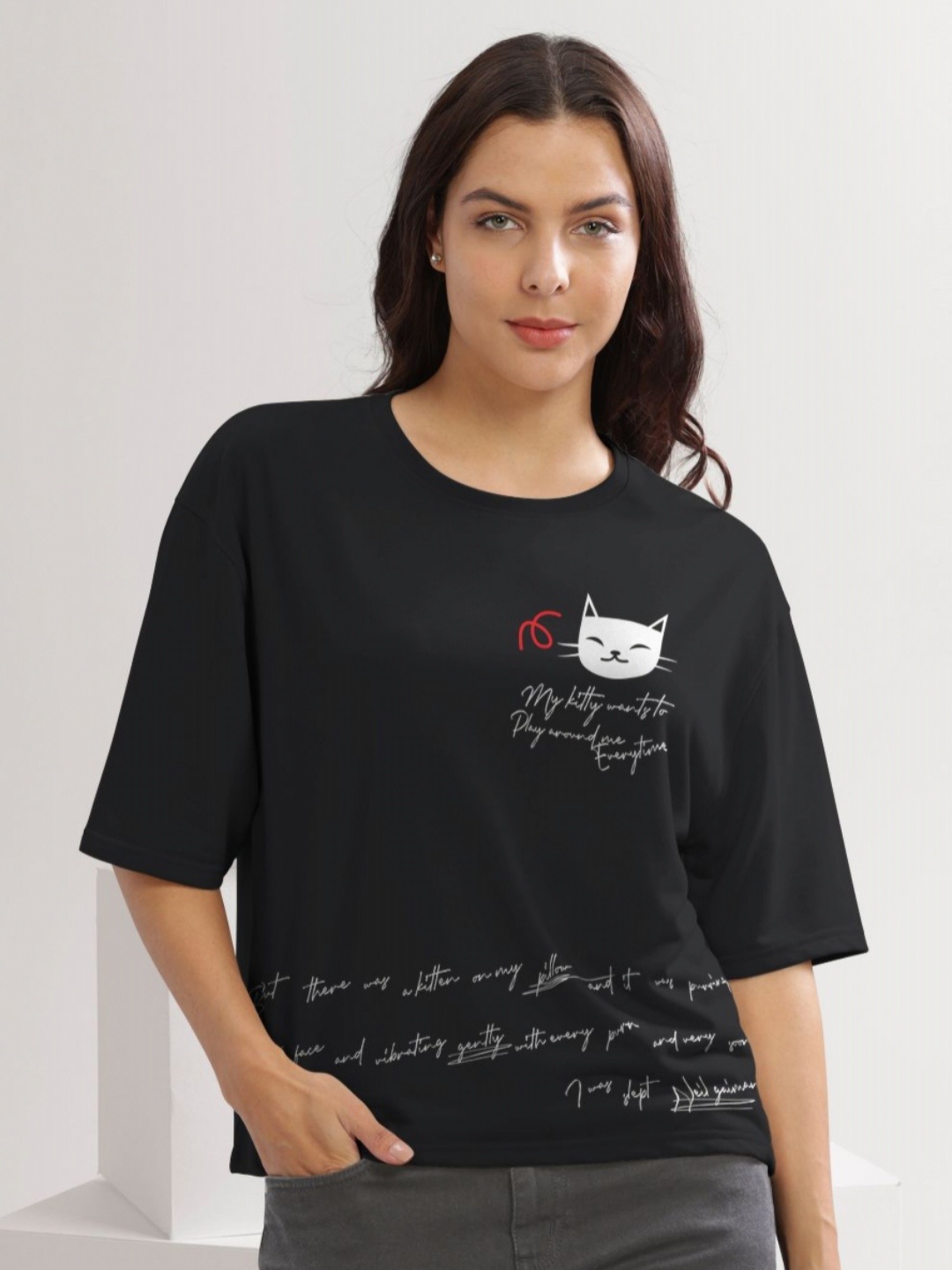 

HELLCAT Women Graphic Printed Round Neck Cotton Oversized T-Shirt, Black
