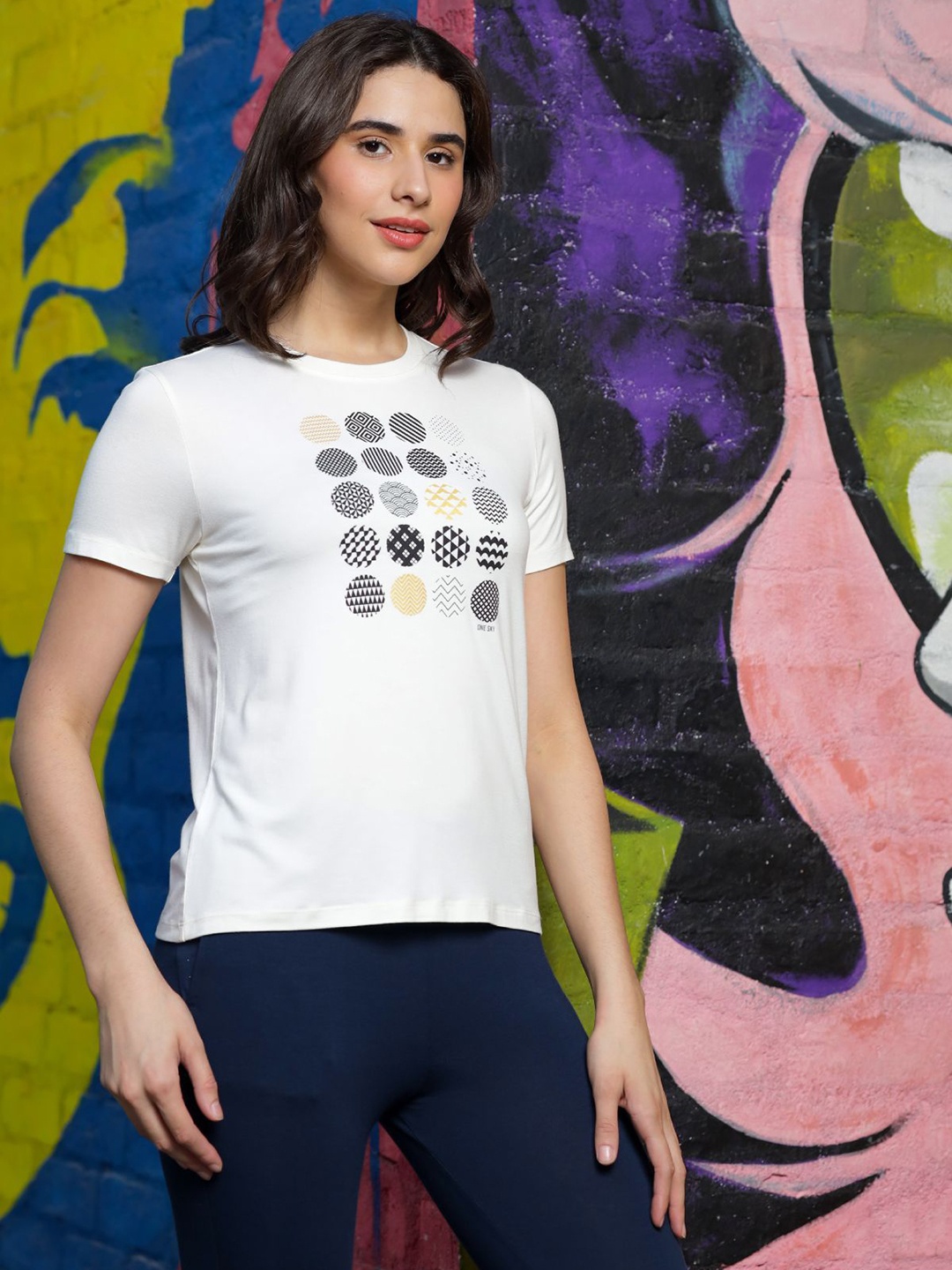 

One Sky Women Geometric Printed Round Neck Viscose T-Shirt, White