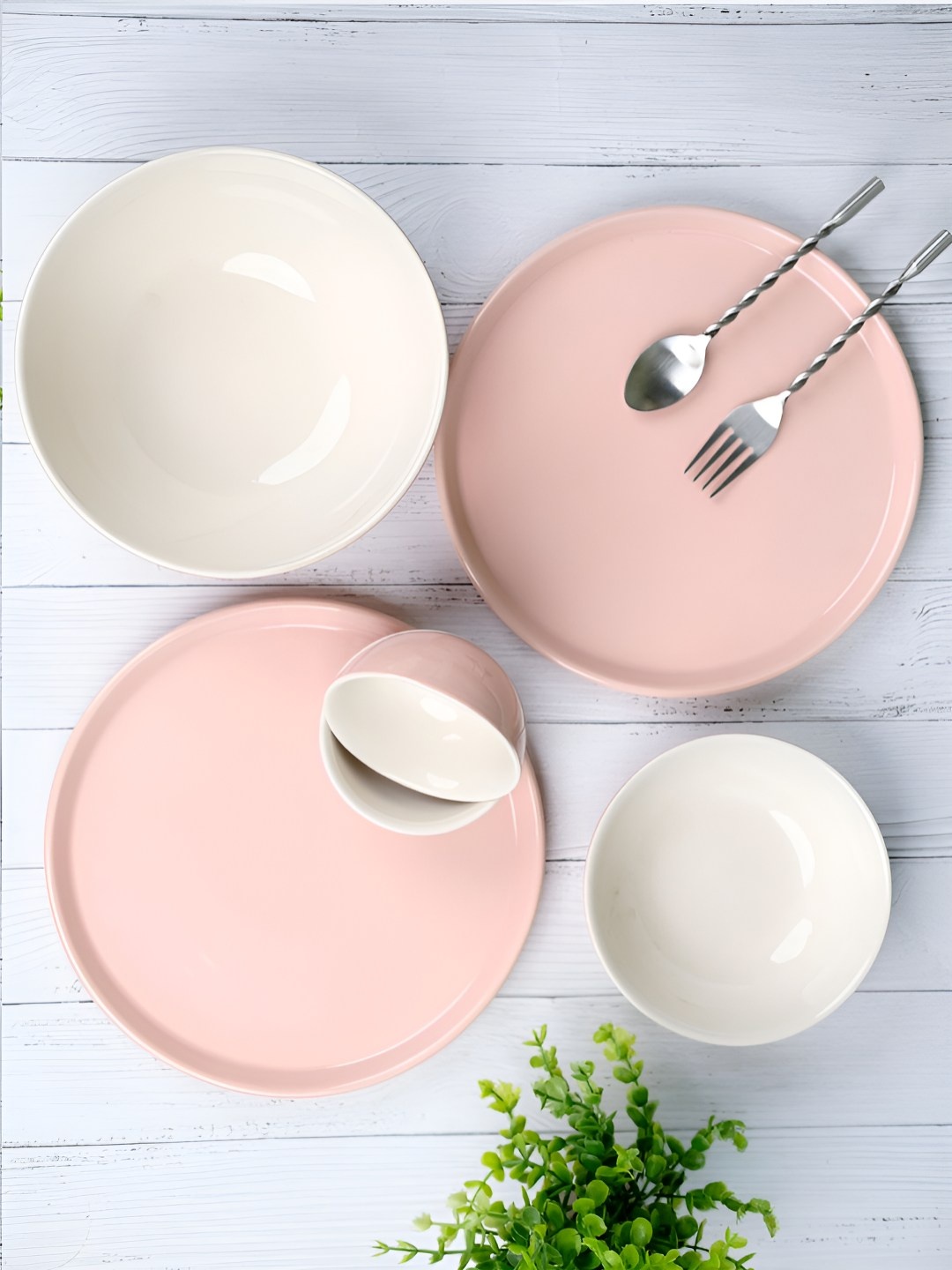 

Aura Bloom Pink & White 10 Pieces Ceramic Glossy Finished Plates With Bowls