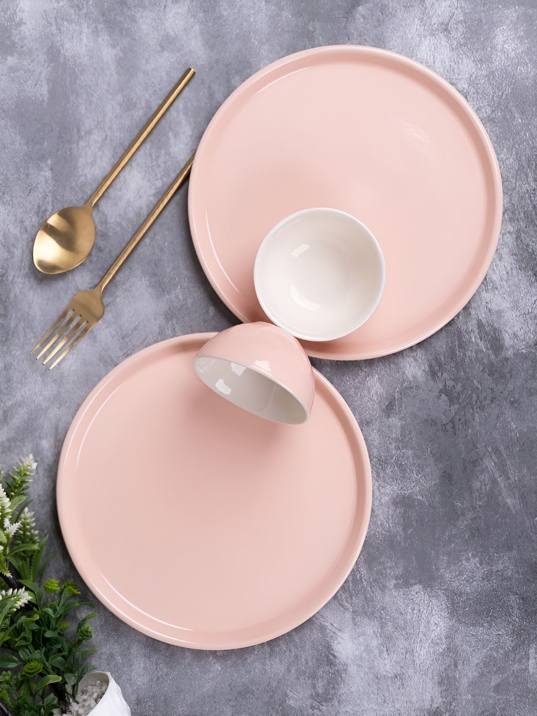 

Aura Bloom Pink & White 8 Pieces Ceramic Glossy Finished Plates With Bowls