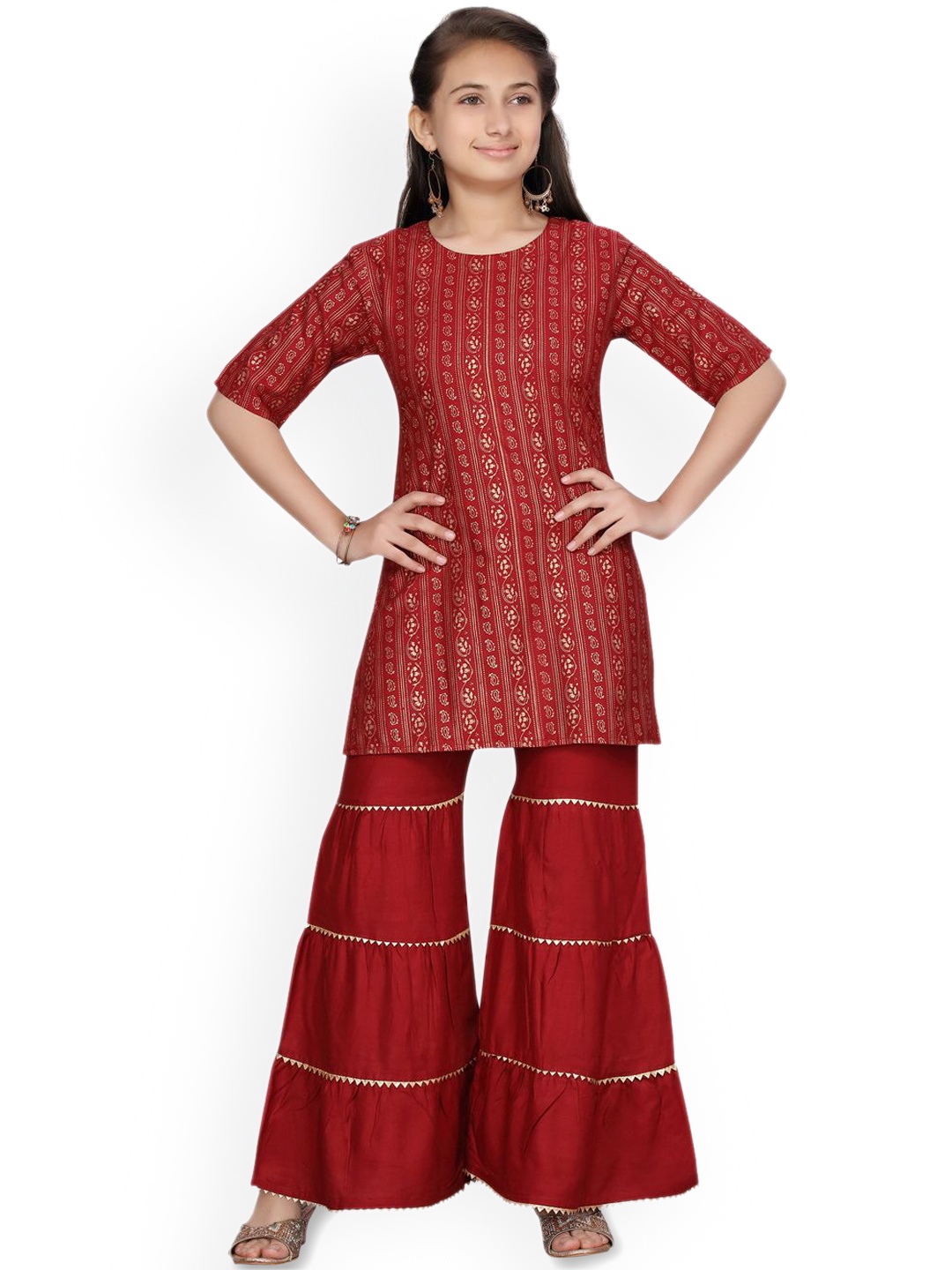

BAESD Girls Floral Printed Pure Cotton Straight Kurta with Sharara, Maroon