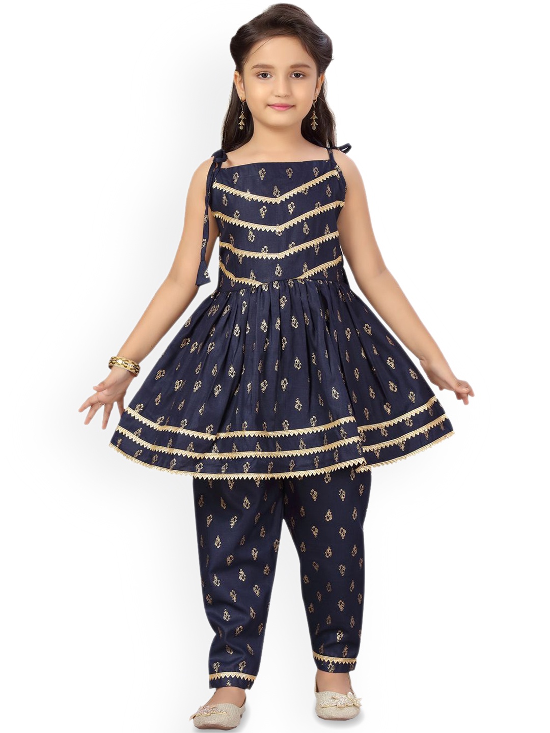 

BAESD Girls Paisley Printed Gotta Patti Pure Cotton A-Line Kurta with Trousers, Navy blue