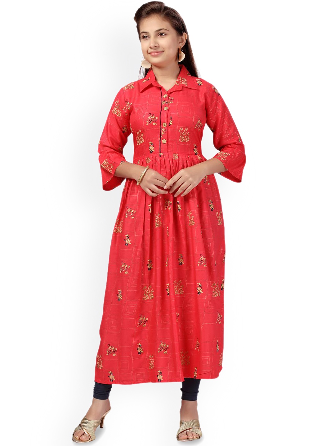 

BAESD Girls Floral Printed Shirt Collar Bell Sleeves Cotton Anarkali Kurta, Red