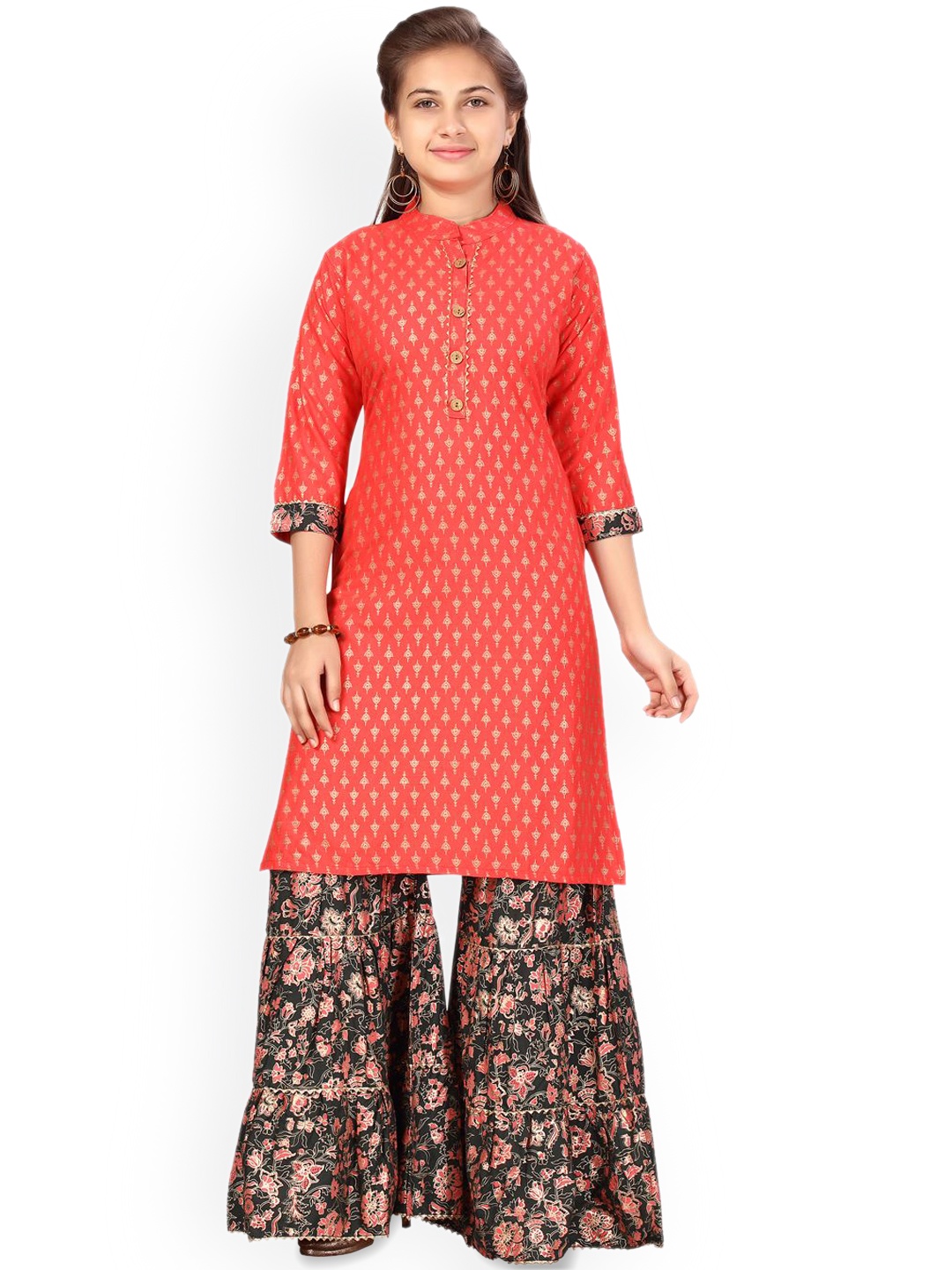 

BAESD Girls Ethnic Motifs Printed Mandarin Collar Pure Cotton Straight Kurta With Sharara, Red