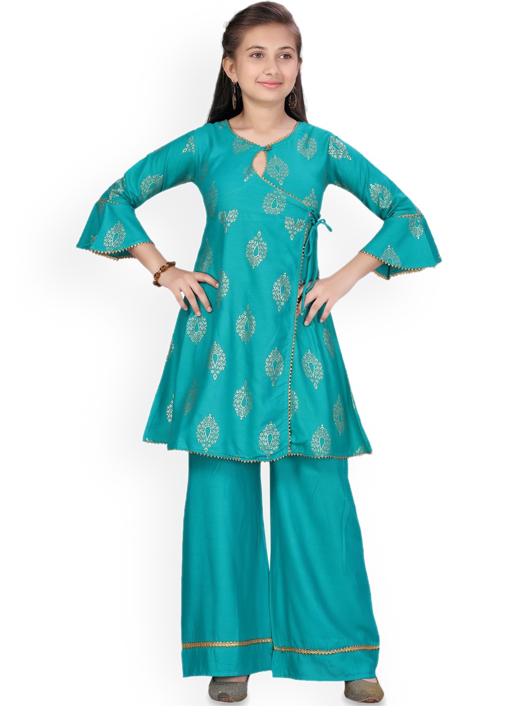 

BAESD Girls Ethnic Motifs Printed Angrakha A-Line Pure Cotton Kurta with Palazzos, Green