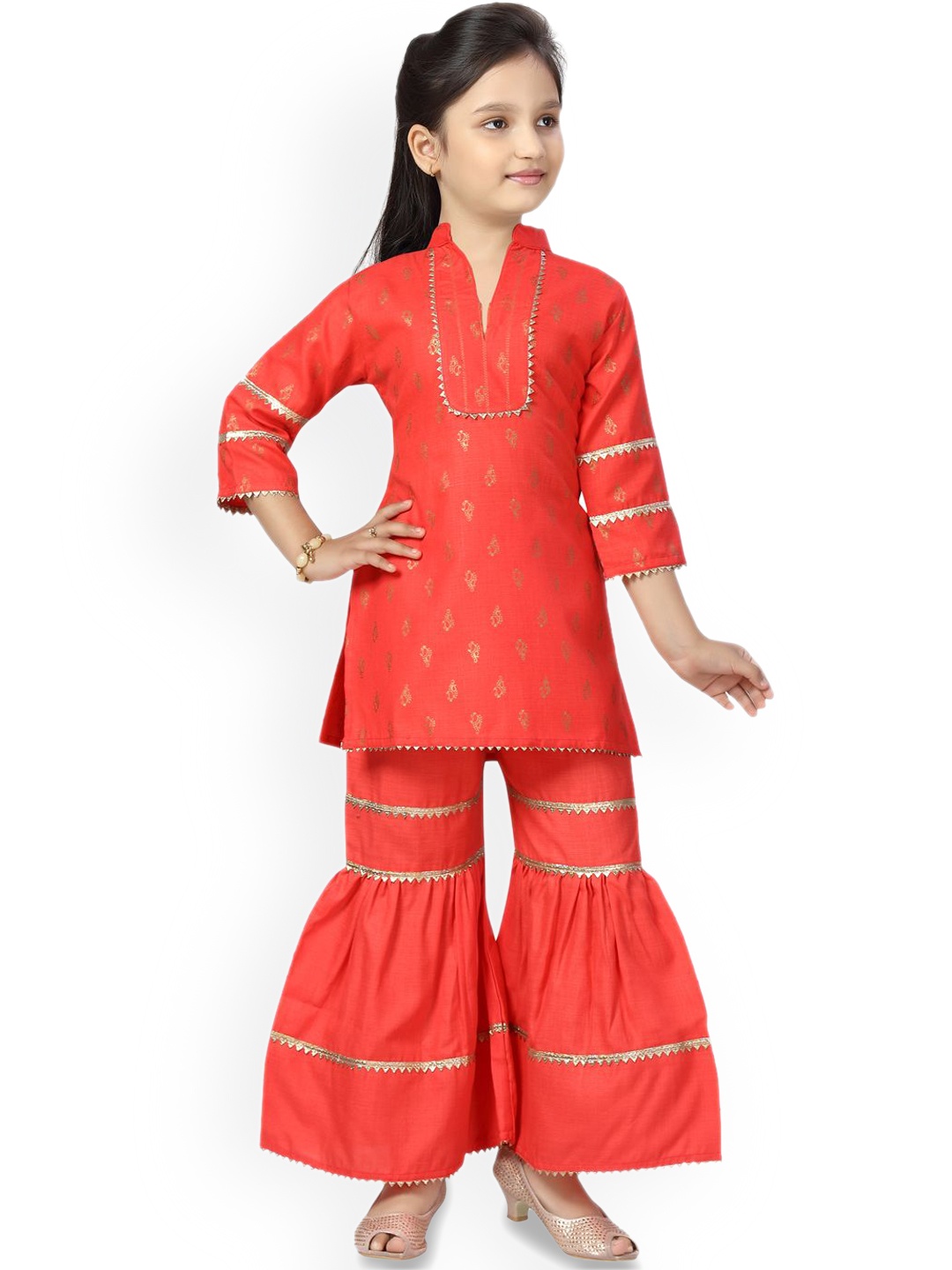 

BAESD Girls Ethnic Motifs Printed Straight Gotta Patti Pure Cotton Kurta with Sharara, Red