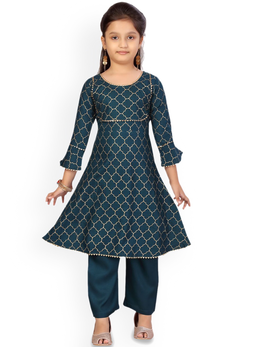 

BAESD Girls Geometric Printed Pure Cotton A-Line Kurta With Trousers, Green
