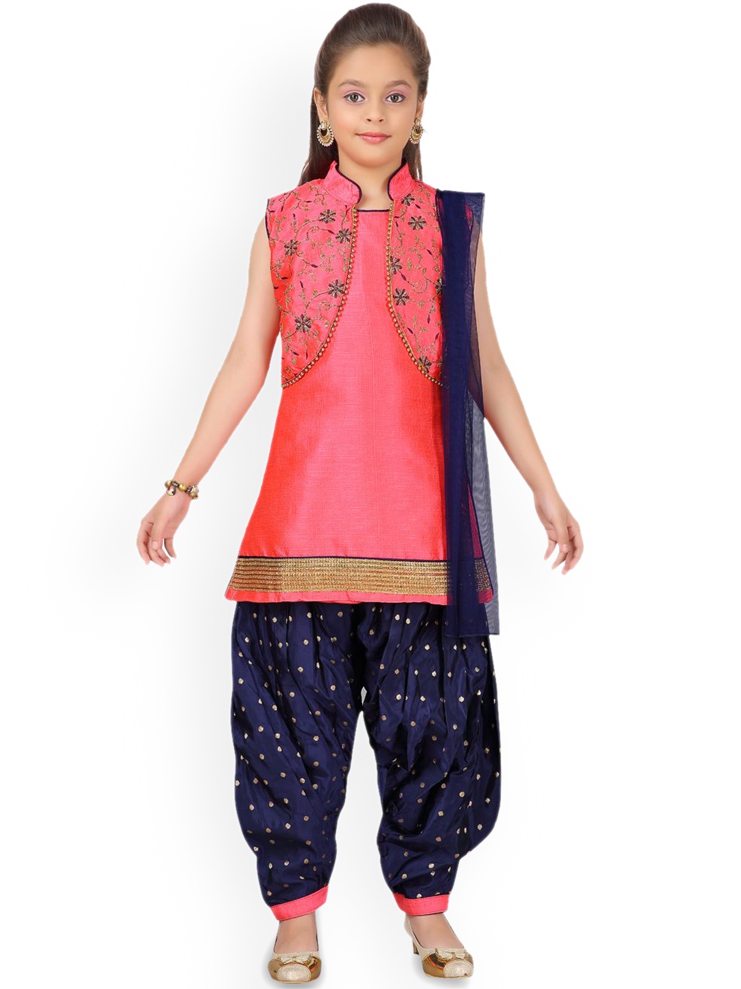 

BAESD Girls Mandarin Collar Thread Work Pure Silk Kurta With Patiala & Dupatta, Pink