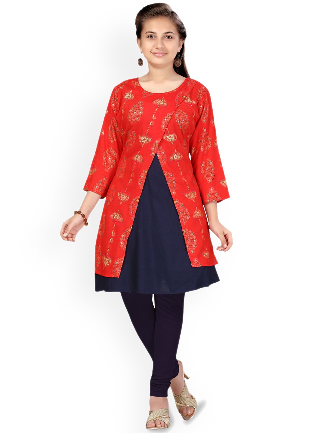 

BAESD Girls Ethnic Motifs Printed Cotton A-Line Kurta, Red