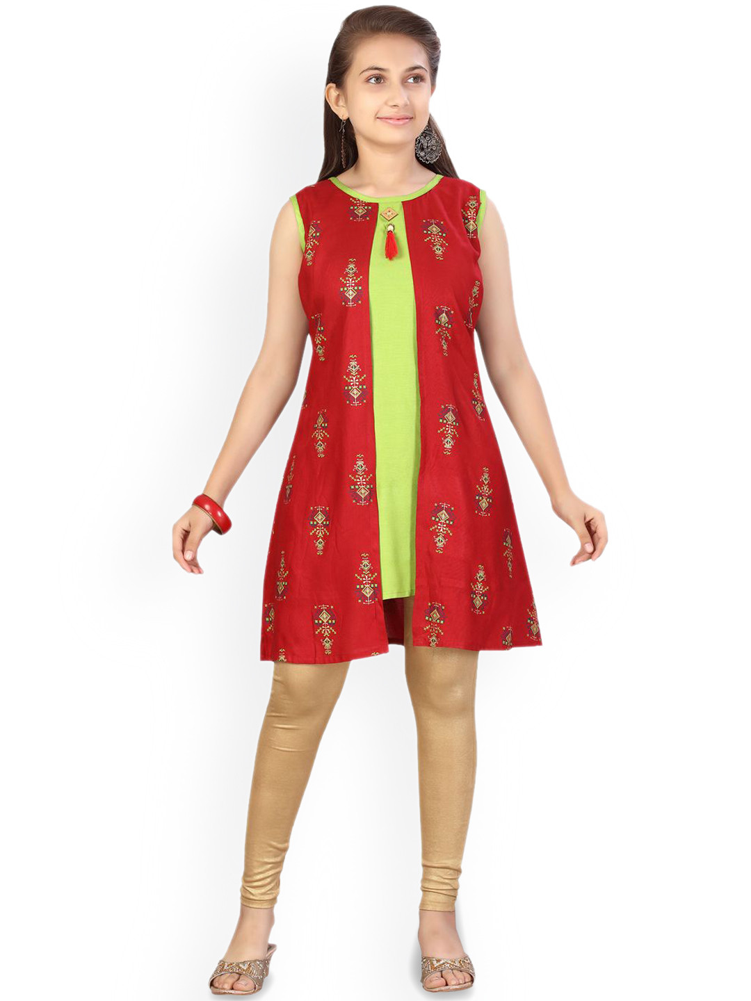 

BAESD Girls Ethnic Motifs Printed Cotton A-Line Kurta, Red