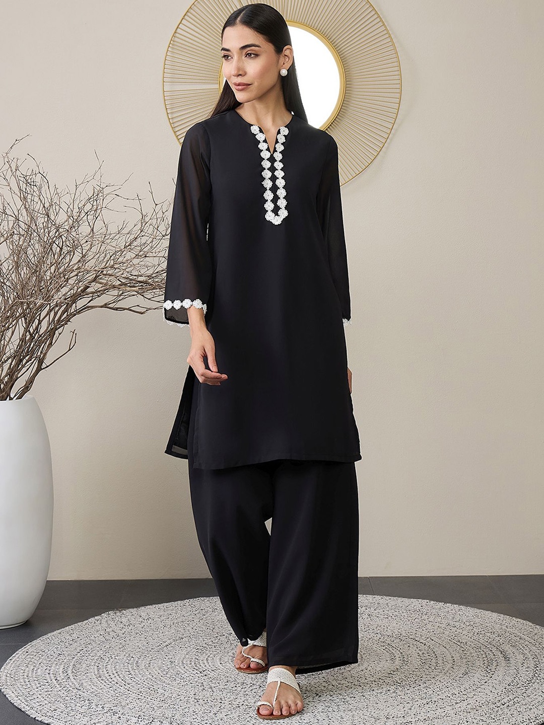 

ADORNIA V-Neck Regular Georgette Straight Kurta With Palazzos, Black