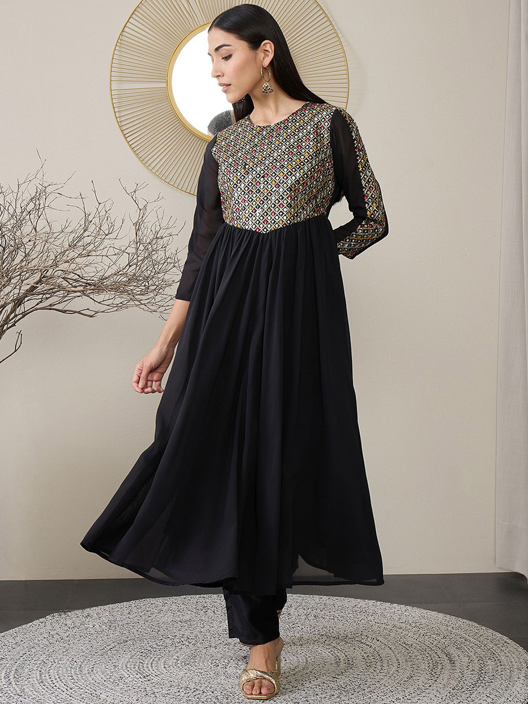 

ADORNIA Floral Embroidered Pleated Georgette Anarkali Kurta With Trousers, Black