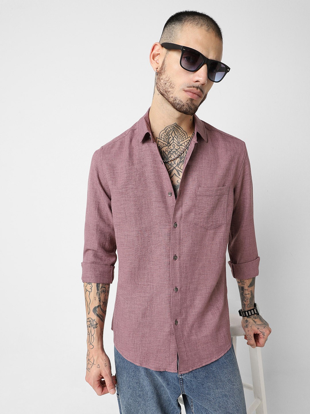 

VASTRADO Classic Slim Fit Solid Italian Casual Linen Shirt, Mauve