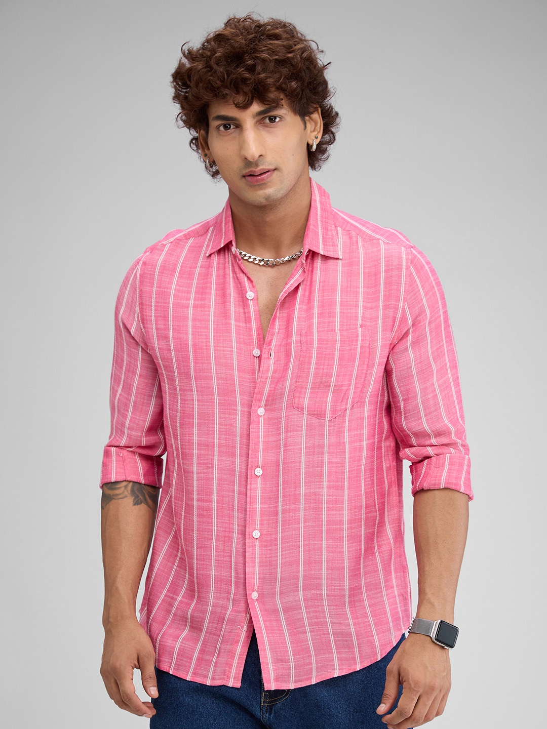 

VASTRADO Men Classic Slim Fit Vertical Striped Casual Shirt, Pink